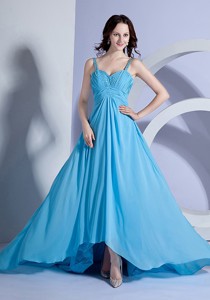 Beading Decorate Bodice Straps Light Blue Empire Brush Train Prom Dress