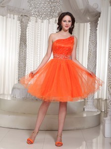 Lace-up Organza Orange Prom Dress With One Shoulder Beaded Drocrate In Summer