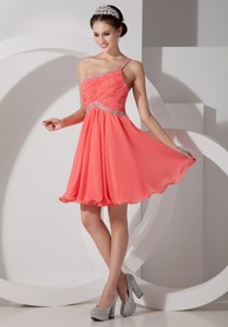 Lovely Orange Red Empire One Shoulder Homecoming Dress Chiffon Beading and Ruch Mini-length