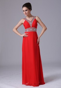 Beaded Decorate Shoulder Empire Chiffon Red V-neck Prom Dress Floor-length