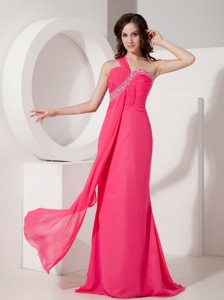 Popular Hot Pink Column Evening Dress One Shoulder Chiffon Beading Floor-length