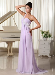 Appliques Decorate One Shoulder Lilac Brush Train Prom Dress