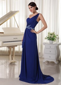 Royal Blue One Shoulder Chiffon Prom / Evening Dress With Brush Train Appliques With Beading and Ruc