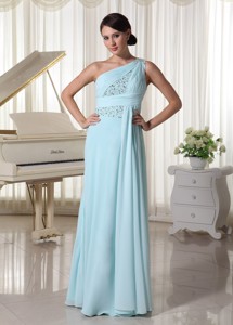 One Shoulder Chiffon Beaded Prom Dress For Custom Made Light Blue