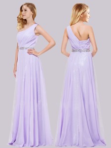 Simple One Shoulder Belted with Beading Prom Dress in Lavender