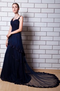 Navy Blue Straps Chapel Train Tulle Appliques Homecoming Dress