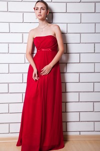 Wine Red Empire Chiffon Ruch Prom Dress Strapless Floor-length