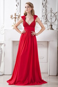 Red V-neck Beading Prom Dress Brush Train Chiffon