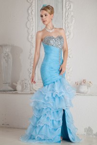 Sky Blue Mermaid High-low Split Prom Dress with Ruffles and Beading