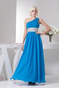 Teal One Shoulder Prom Dress with Silver Beading Waist