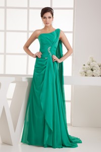 Green One Shoulder Watteau Train Beaded Ruched Prom Dress