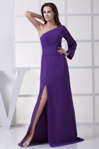 Ruched Purple Prom Graduation Dress with One Long Sleeve and High Slit
