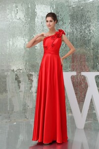 Taffeta Floor-length One Shoulder Red Prom Dress with Handmade Flower