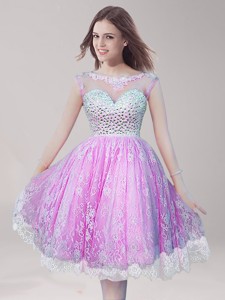 See Through Scoop Beaded and Laced Prom Dress in Knee Length