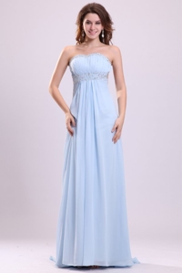 Blue Empire Strapless Brush Train Beading Chiffon Prom Dress with Backless
