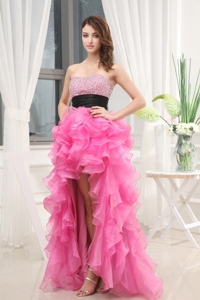 Hot Pink Strapless Belt Beading Ruffles High-low Organza Prom Dress
