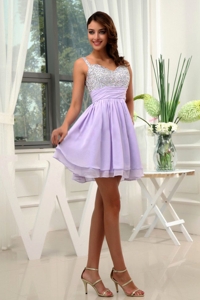 Beading Straps Chiffon Mini-length Lilac Prom Dress