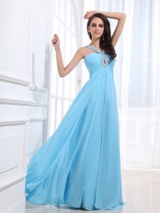 Beaded Decorate V-neck and Baby Blue For Simple Custom Made Prom Dress