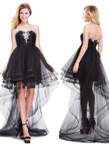 Fashionable Beaded Top Tulle Black Prom Dress with High Low
