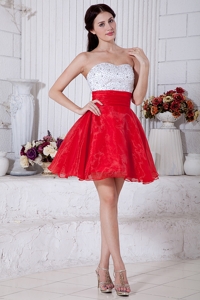 Red And White Strapless Short Prom Homecoming Dress Organza Beading Mini-length