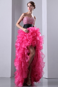 Hot Pink Sweetheart Prom Dress High-low Organza Beading