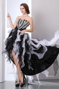 White And Black Sweetheart Prom Dress High-low Organza Beading