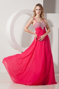 Coral Red Empire Spaghetti Straps Brush Train Chiffon Beading Prom / Evening Dress