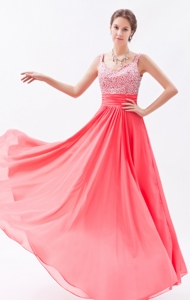 Coral Red Empire Straps Chiffon Prom Dress Beading Floor-length
