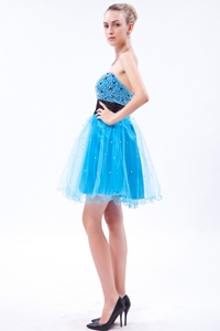 Sky Blue Strapless Prom Dress Organza Beading Mini-length