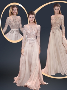 Cheap Brush Train Champagne Prom Dress With Beading
