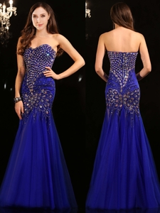 Gorgeous Mermaid Royal Blue Tulle Prom Dress with Beading