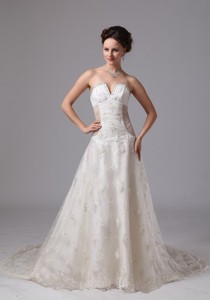 Unique V-neck Lace Chapel Train Wedding Dress With Appliques For Custom Made In Fayetteville Georgia