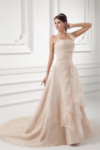 Champagne Halter Top Wedding Dress With Embroidery And Layers