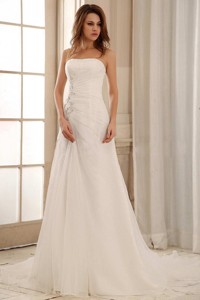 Custom Made Strapless Column Weding Dress With Ruch And Appliques Organza In