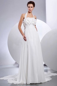 Simple Empire Halter Wedding Dress With Hand Made Flowers And Appliques
