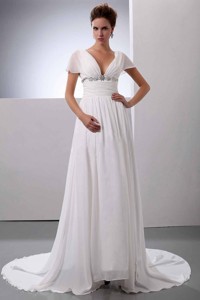 Beading V-Neck Court Train Chiffon Wedding Dress Empire 
