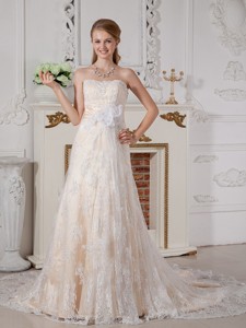 Lovely Strapless Court Train Lace Hand Made Flowers Wedding Dress