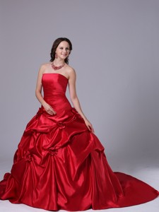 Wine Red Pick-ups Ball Gown Wedding Dress With Court Train In