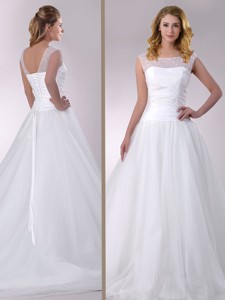 Wonderful A Line Scoop Court Train Tulle Wedding Dress with Beading 