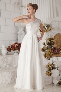 White Empire One Shoulder Floor-length Chiffon Beading Prom Dress 