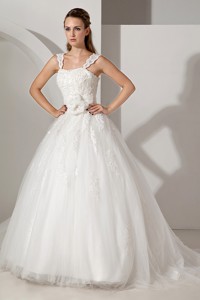 Sweet Straps Court Train Tulle And Taffeta Appliques Wedding Dress