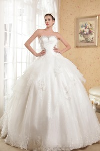 Beautiful Strapless Chapel Tian Satin And Organza Appliques With Beading Wedding Dress