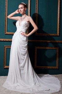Low Price Column Sweetheart Court Train Chiffon Ruch Wedding Dress 