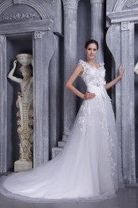 White Square Court Train Tulle Lace Wedding Dress