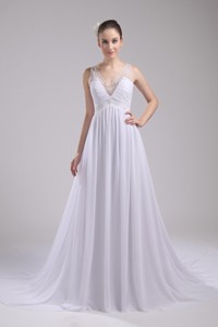 Empire V-neck Ruching and Appliques Chiffon Wedding Dress for Cheap 