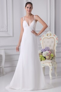 Simple Spaghetti Straps Chiffon Bridal Gown With Ruching And Beading