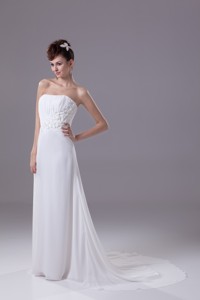 Floral Embellishment And Ruche Strapless Sweep Train Bridal Gowns 
