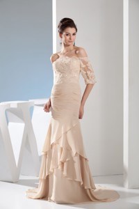 Champagne Off-the-shoulder Half-length Lace Sleeve Bridal Dress