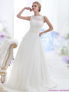 White High Neck Laced Wedding Dress With Brush Train