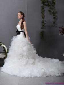 White Chapel Train Ruffled Wedding Dress With Black Waistband